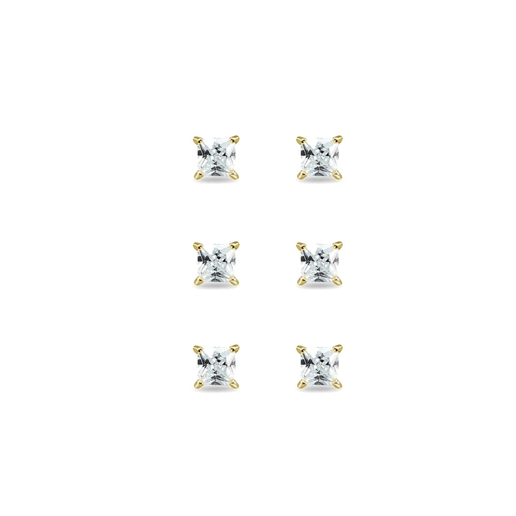 3-Pair Set Yellow Gold Flashed Sterling Silver Cubic Zirconia Princess-Cut 5mm Square Stud Earrings