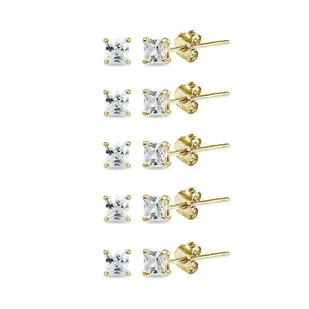 5-Pair Set Yellow Gold Flashed Sterling Silver Cubic Zirconia Princess-Cut 5mm Square Stud Earrings
