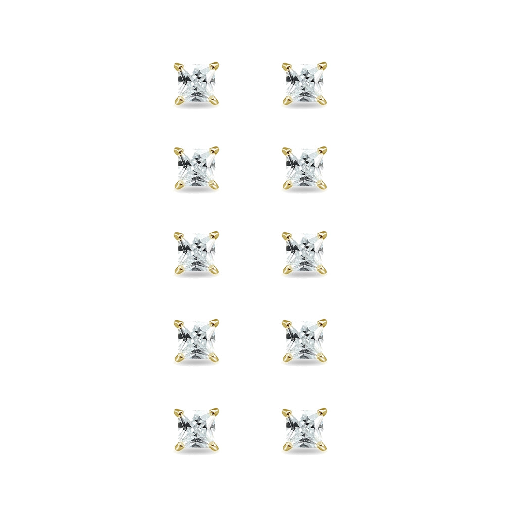 5-Pair Set Yellow Gold Flashed Sterling Silver Cubic Zirconia Princess-Cut 5mm Square Stud Earrings-2