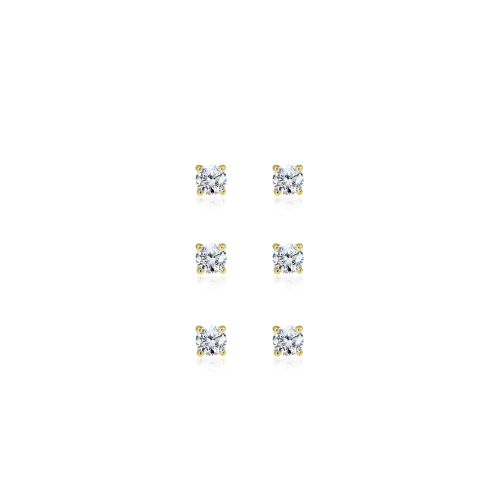 3-Pair Set Yellow Gold Flashed Sterling Silver Cubic Zirconia 4mm Round Stud Earrings-2