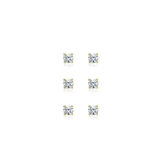 3-Pair Set Yellow Gold Flashed Sterling Silver Cubic Zirconia 4mm Round Stud Earrings