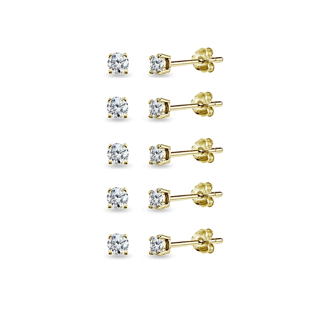 5-Pair Set Yellow Gold Flashed Sterling Silver Cubic Zirconia 4mm Round Stud Earrings