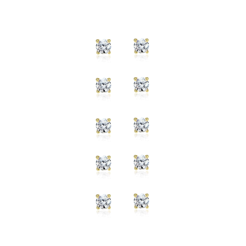 5-Pair Set Yellow Gold Flashed Sterling Silver Cubic Zirconia 4mm Round Stud Earrings-2