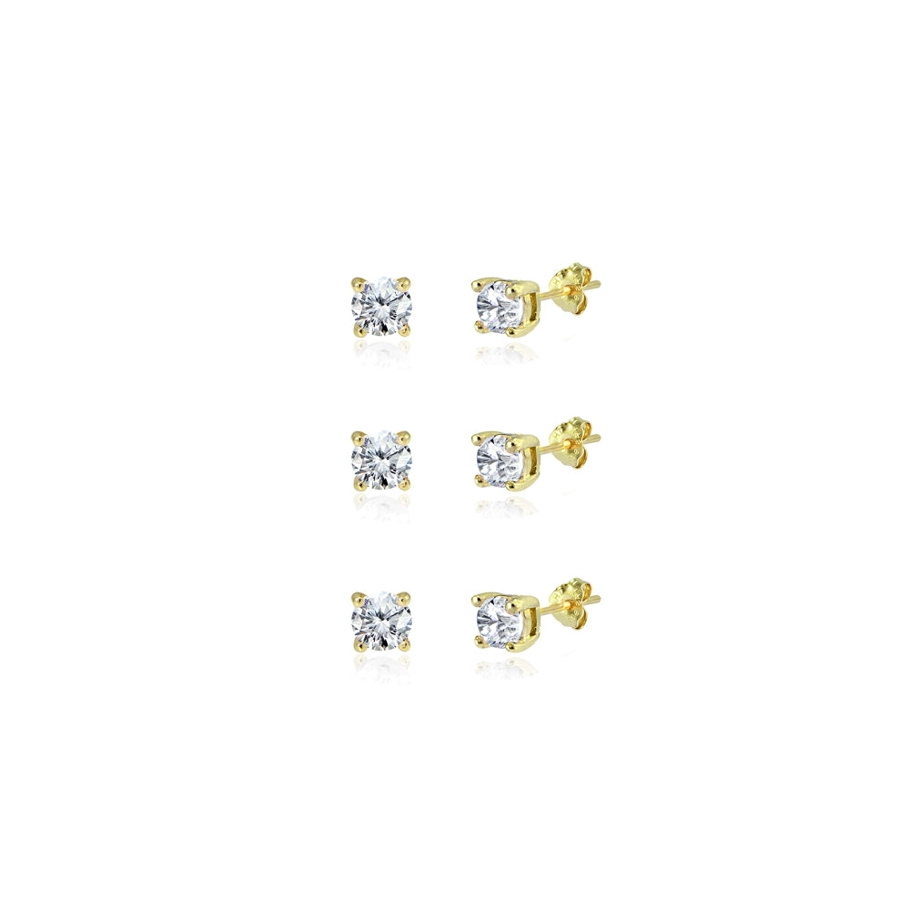 3-Pair Set Yellow Gold Flashed Sterling Silver Cubic Zirconia 5mm Round Stud Earrings