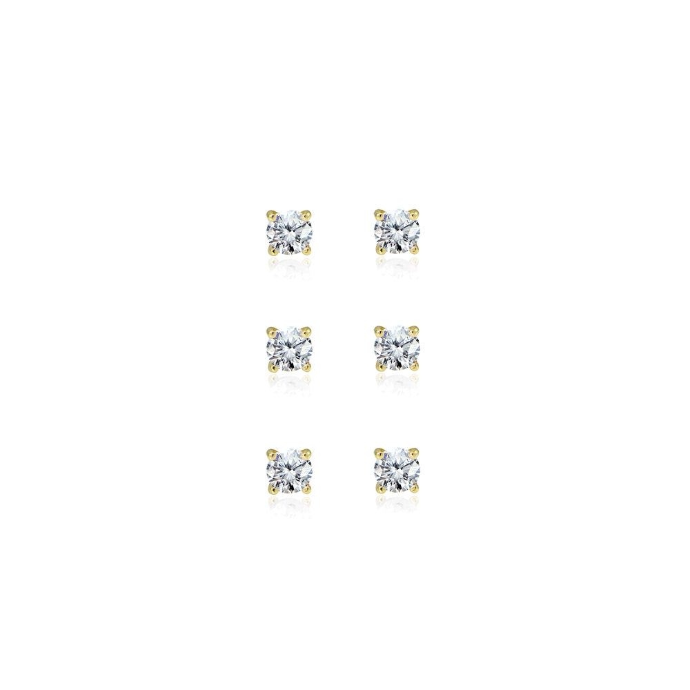 3-Pair Set Yellow Gold Flashed Sterling Silver Cubic Zirconia 5mm Round Stud Earrings-2