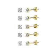 5-Pair Set Yellow Gold Flashed Sterling Silver Cubic Zirconia 5mm Round Stud Earrings