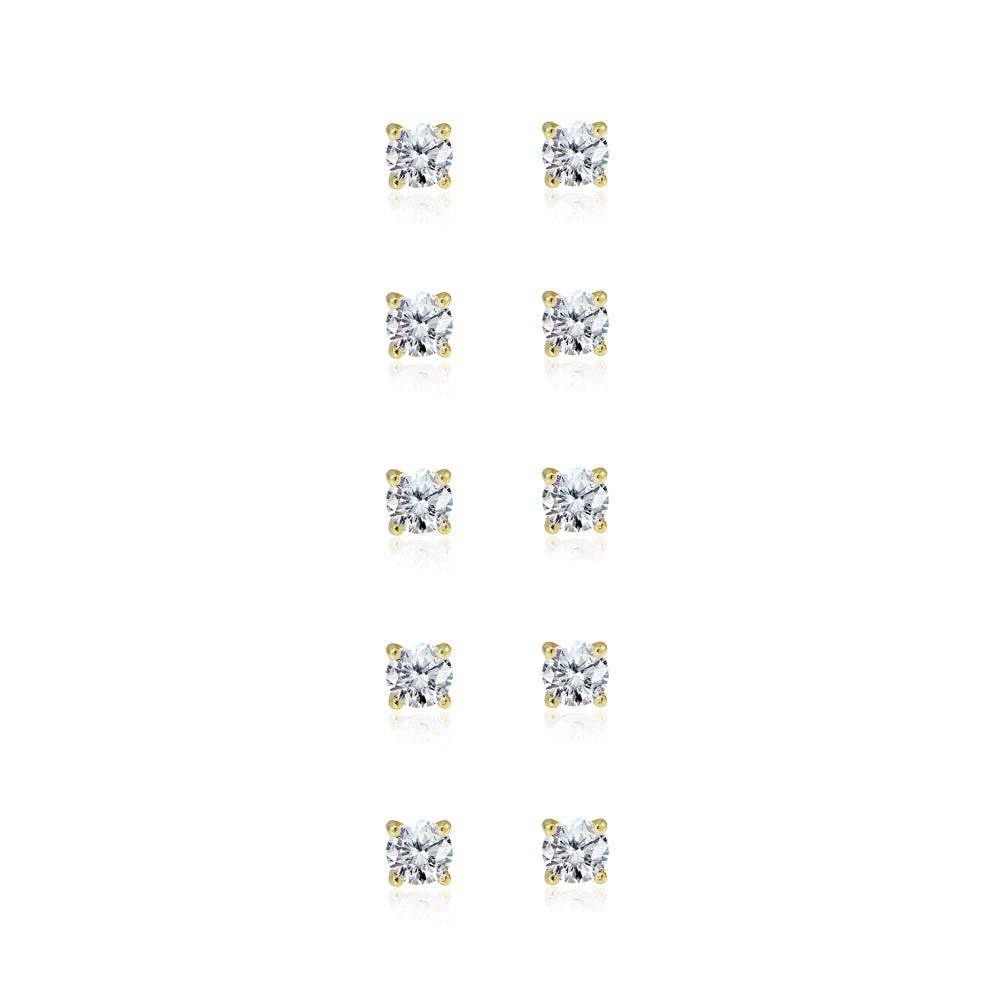 5-Pair Set Yellow Gold Flashed Sterling Silver Cubic Zirconia 5mm Round Stud Earrings-2