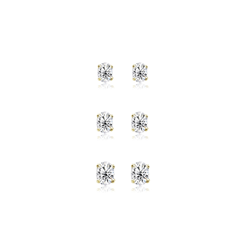 3-Pair Set Yellow Gold Flash Sterling Silver Cubic Zirconia Oval Stud Earrings, 5X3mm 6x4mm 7x5mm-2
