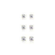 3-Pair Set Yellow Gold Flash Sterling Silver Cubic Zirconia Oval Stud Earrings, 5X3mm 6x4mm 7x5mm