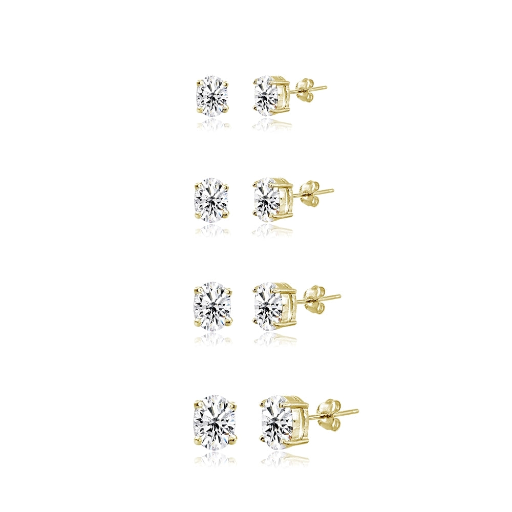 4-Pair Set Yellow Gold Flash Sterling Silver Cubic Zirconia Oval Stud Earrings, 5X3mm 6x4mm 7x5mm 8x6mm