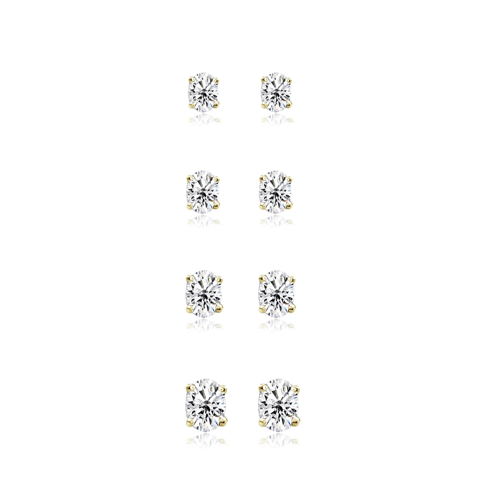 4-Pair Set Yellow Gold Flash Sterling Silver Cubic Zirconia Oval Stud Earrings, 5X3mm 6x4mm 7x5mm 8x6mm-2