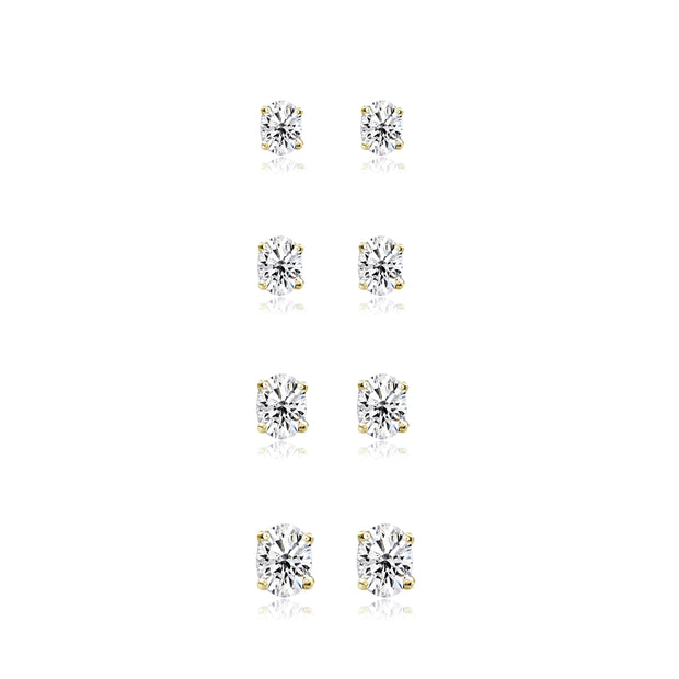 4-Pair Set Yellow Gold Flash Sterling Silver Cubic Zirconia Oval Stud Earrings, 5X3mm 6x4mm 7x5mm 8x6mm