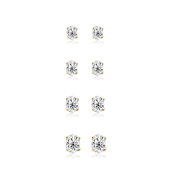 4-Pair Set Yellow Gold Flash Sterling Silver Cubic Zirconia Oval Stud Earrings, 5X3mm 6x4mm 7x5mm 8x6mm