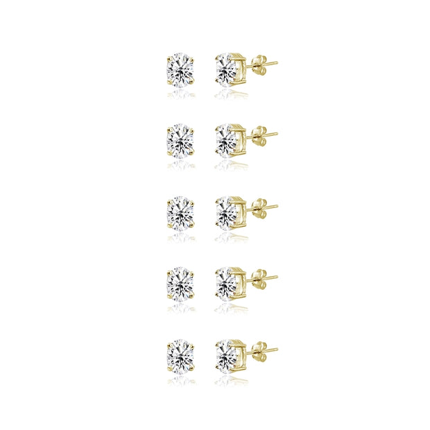 5-Pair Set Yellow Gold Flashed Sterling Silver Cubic Zirconia 5x3mm Oval Stud Earrings