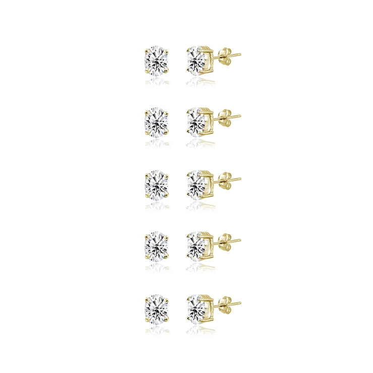 5-Pair Set Yellow Gold Flashed Sterling Silver Cubic Zirconia 5x3mm Oval Stud Earrings