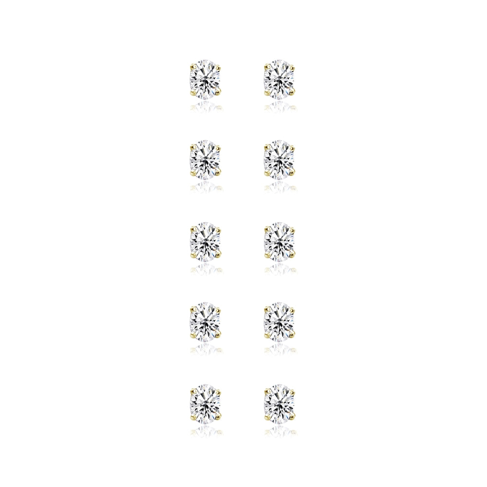 5-Pair Set Yellow Gold Flashed Sterling Silver Cubic Zirconia 5x3mm Oval Stud Earrings-2