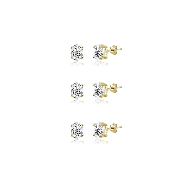 3-Pair Set Yellow Gold Flashed Sterling Silver Cubic Zirconia 6x4mm Oval Stud Earrings