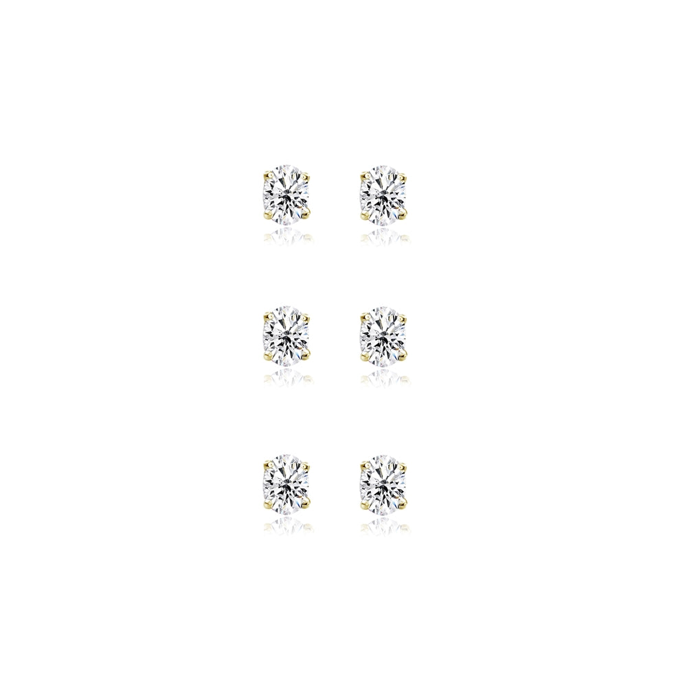 3-Pair Set Yellow Gold Flashed Sterling Silver Cubic Zirconia 6x4mm Oval Stud Earrings-2