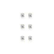 3-Pair Set Yellow Gold Flashed Sterling Silver Cubic Zirconia 6x4mm Oval Stud Earrings