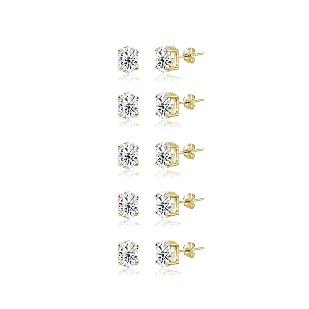 5-Pair Set Yellow Gold Flashed Sterling Silver Cubic Zirconia 6x4mm Oval Stud Earrings