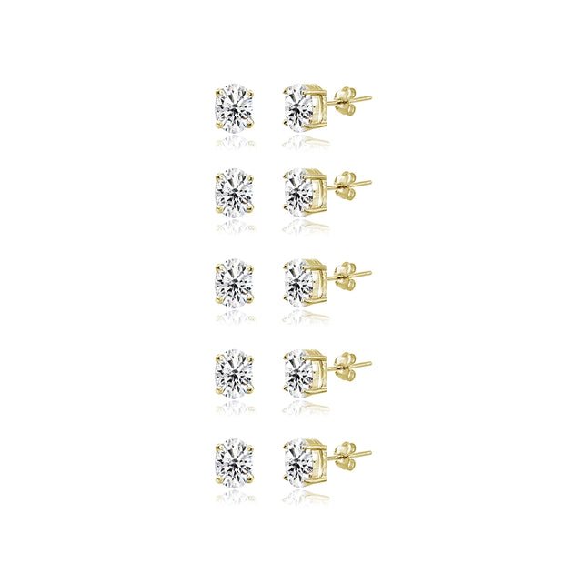 5-Pair Set Yellow Gold Flashed Sterling Silver Cubic Zirconia 6x4mm Oval Stud Earrings