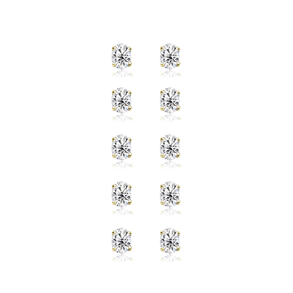 5-Pair Set Yellow Gold Flashed Sterling Silver Cubic Zirconia 6x4mm Oval Stud Earrings-2