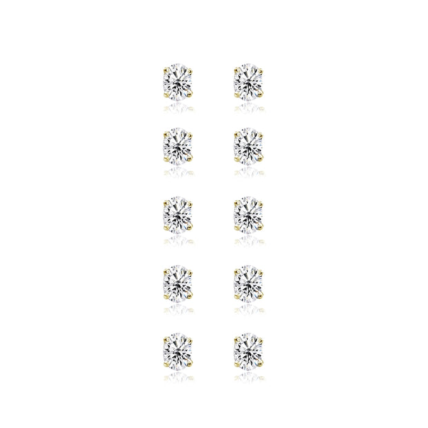 5-Pair Set Yellow Gold Flashed Sterling Silver Cubic Zirconia 6x4mm Oval Stud Earrings