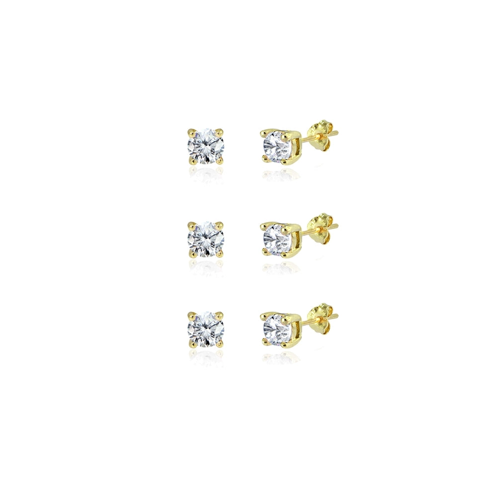 3-Pair Set Yellow Gold Flashed Sterling Silver Cubic Zirconia 6mm Round Stud Earrings