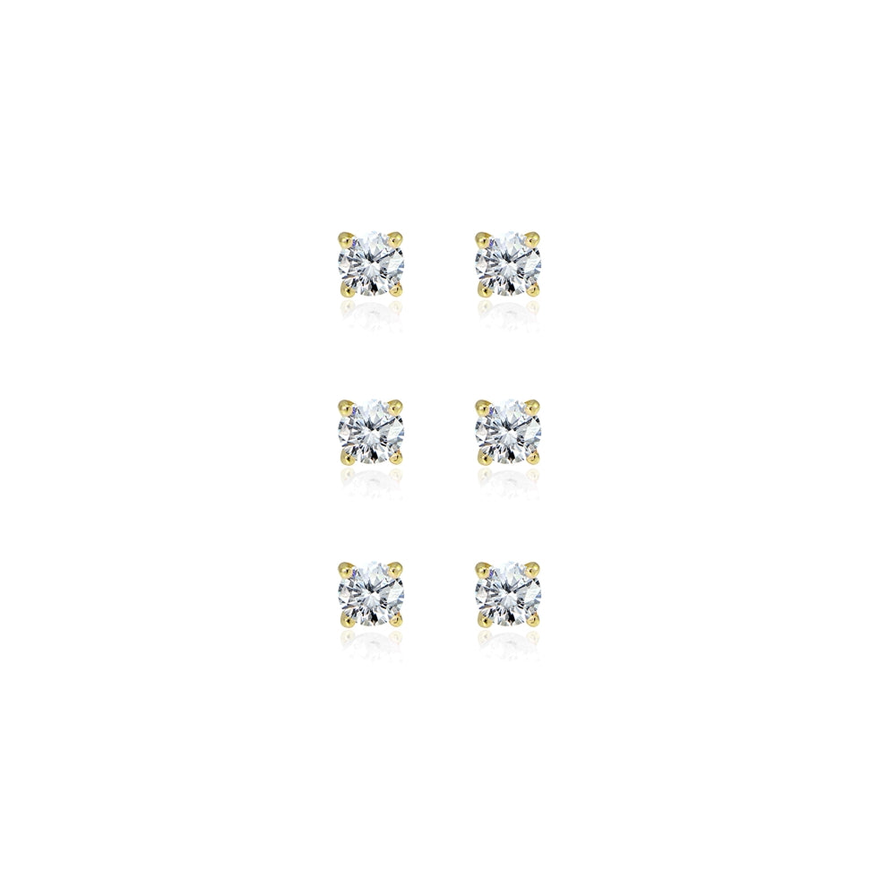 3-Pair Set Yellow Gold Flashed Sterling Silver Cubic Zirconia 6mm Round Stud Earrings-2