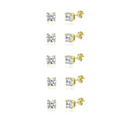 5-Pair Set Yellow Gold Flashed Sterling Silver Cubic Zirconia 6mm Round Stud Earrings
