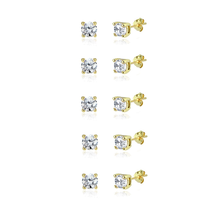 5-Pair Set Yellow Gold Flashed Sterling Silver Cubic Zirconia 6mm Round Stud Earrings
