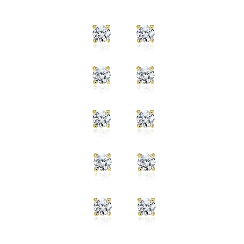 5-Pair Set Yellow Gold Flashed Sterling Silver Cubic Zirconia 6mm Round Stud Earrings-2