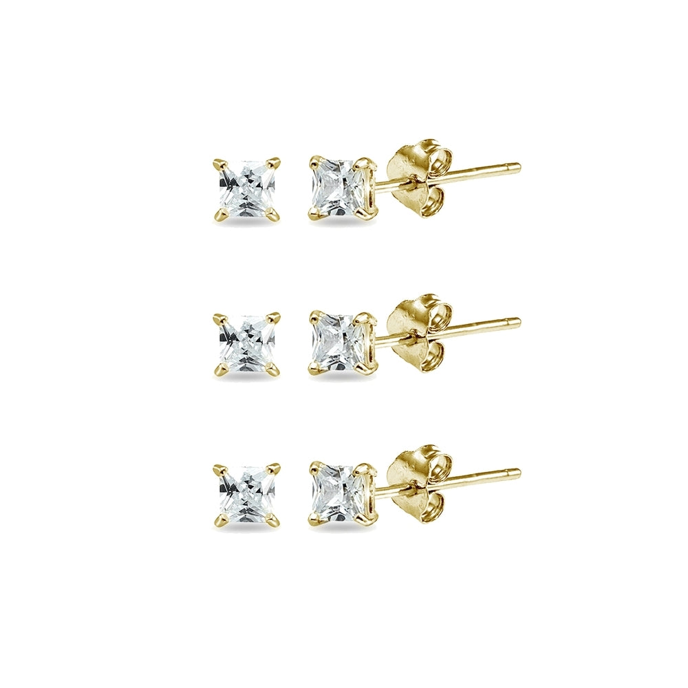 3-Pair Set Yellow Gold Flashed Sterling Silver Cubic Zirconia Princess-Cut 6mm Square Stud Earrings