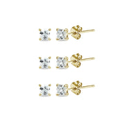 3-Pair Set Yellow Gold Flashed Sterling Silver Cubic Zirconia Princess-Cut 6mm Square Stud Earrings