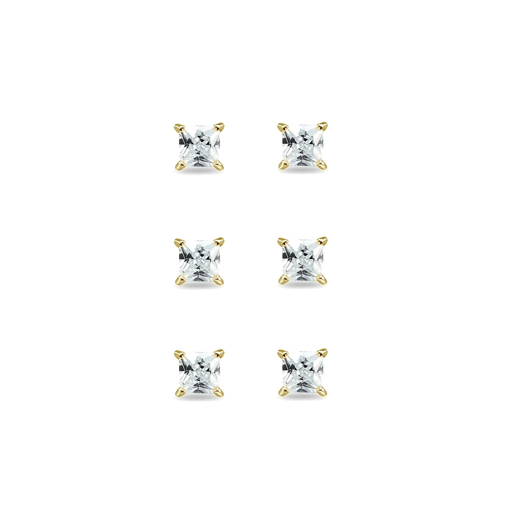 3-Pair Set Yellow Gold Flashed Sterling Silver Cubic Zirconia Princess-Cut 6mm Square Stud Earrings-2