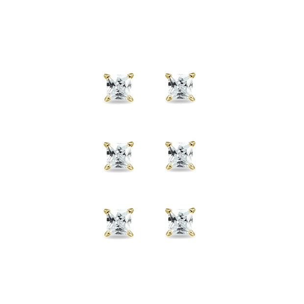 3-Pair Set Yellow Gold Flashed Sterling Silver Cubic Zirconia Princess-Cut 6mm Square Stud Earrings