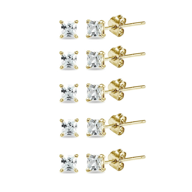 5-Pair Set Yellow Gold Flashed Sterling Silver Cubic Zirconia Princess-Cut 6mm Square Stud Earrings