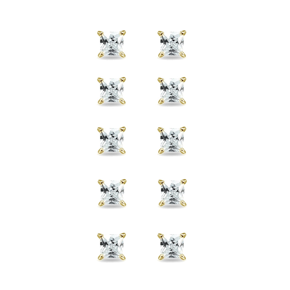 5-Pair Set Yellow Gold Flashed Sterling Silver Cubic Zirconia Princess-Cut 6mm Square Stud Earrings-2