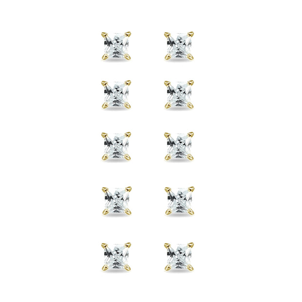 5-Pair Set Yellow Gold Flashed Sterling Silver Cubic Zirconia Princess-Cut 6mm Square Stud Earrings