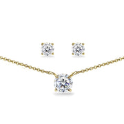 Yellow Gold Flashed Sterling Silver Cubic Zirconia Round Solitaire Choker Necklace and Stud Earrings Set