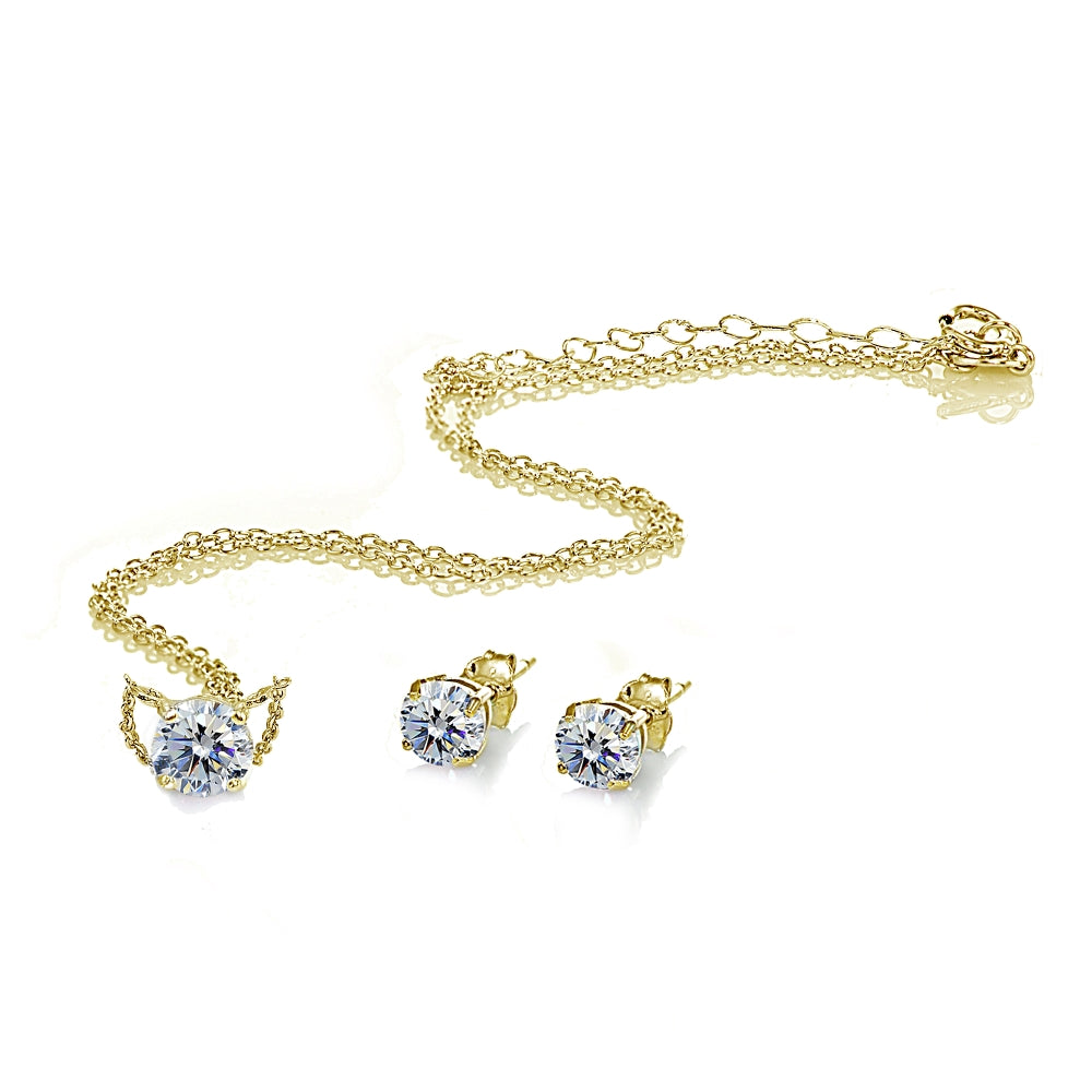 Yellow Gold Flashed Sterling Silver Cubic Zirconia Round Solitaire Choker Necklace and Stud Earrings Set-2