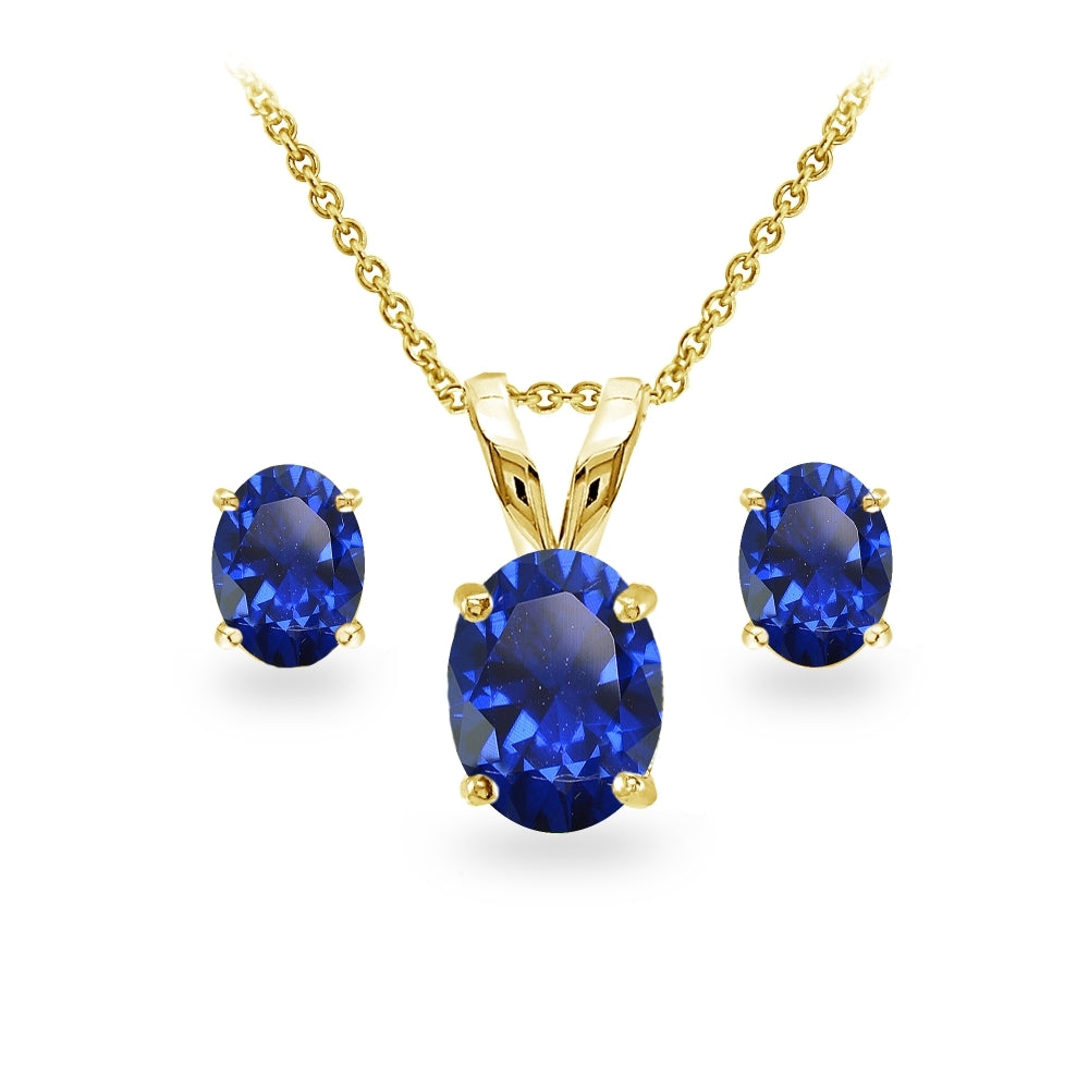 Yellow Gold Flashed Sterling Silver Created Blue Sapphire Oval-cut Solitaire Necklace and Stud Earrings Set