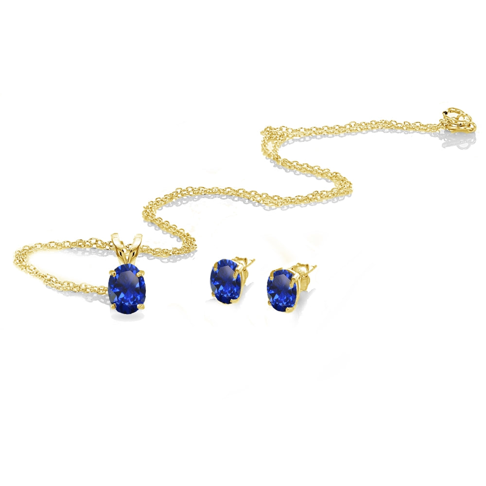 Yellow Gold Flashed Sterling Silver Created Blue Sapphire Oval-cut Solitaire Necklace and Stud Earrings Set-2