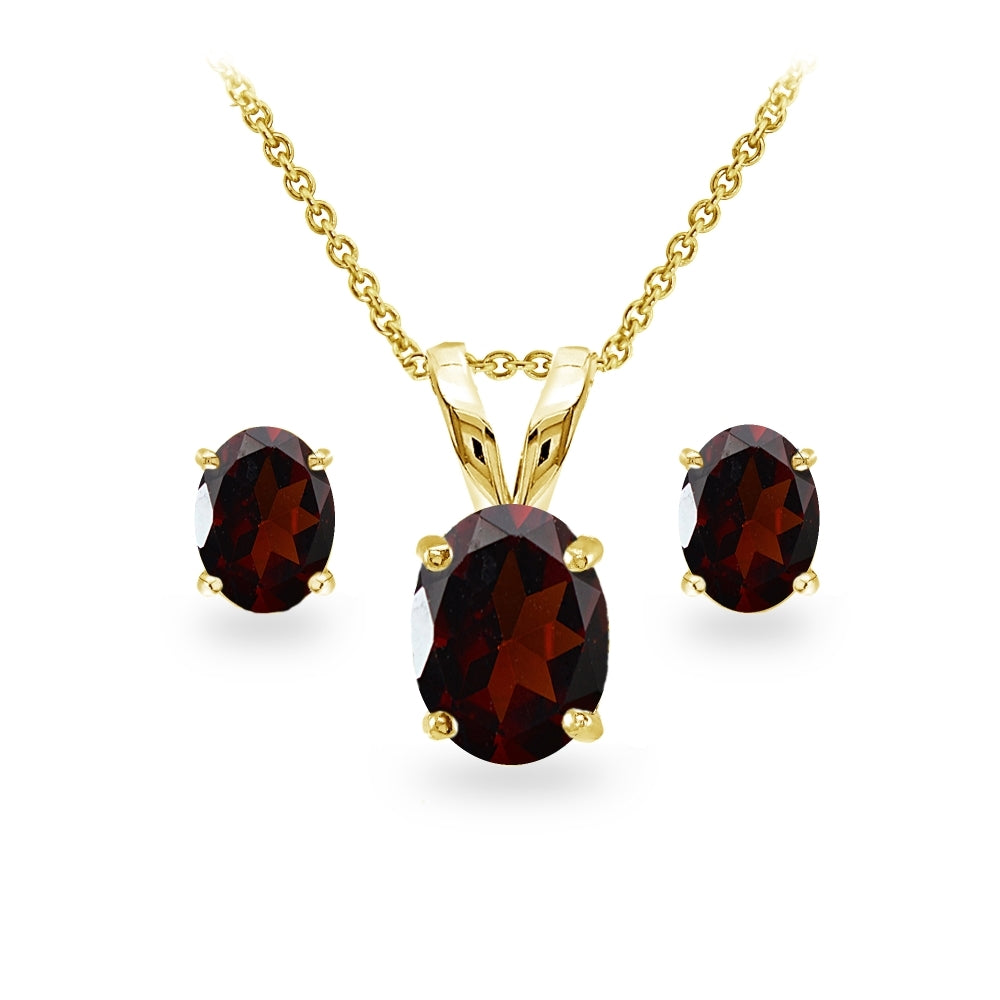 Yellow Gold Flashed Sterling Silver Garnet Oval-cut Solitaire Necklace and Stud Earrings Set
