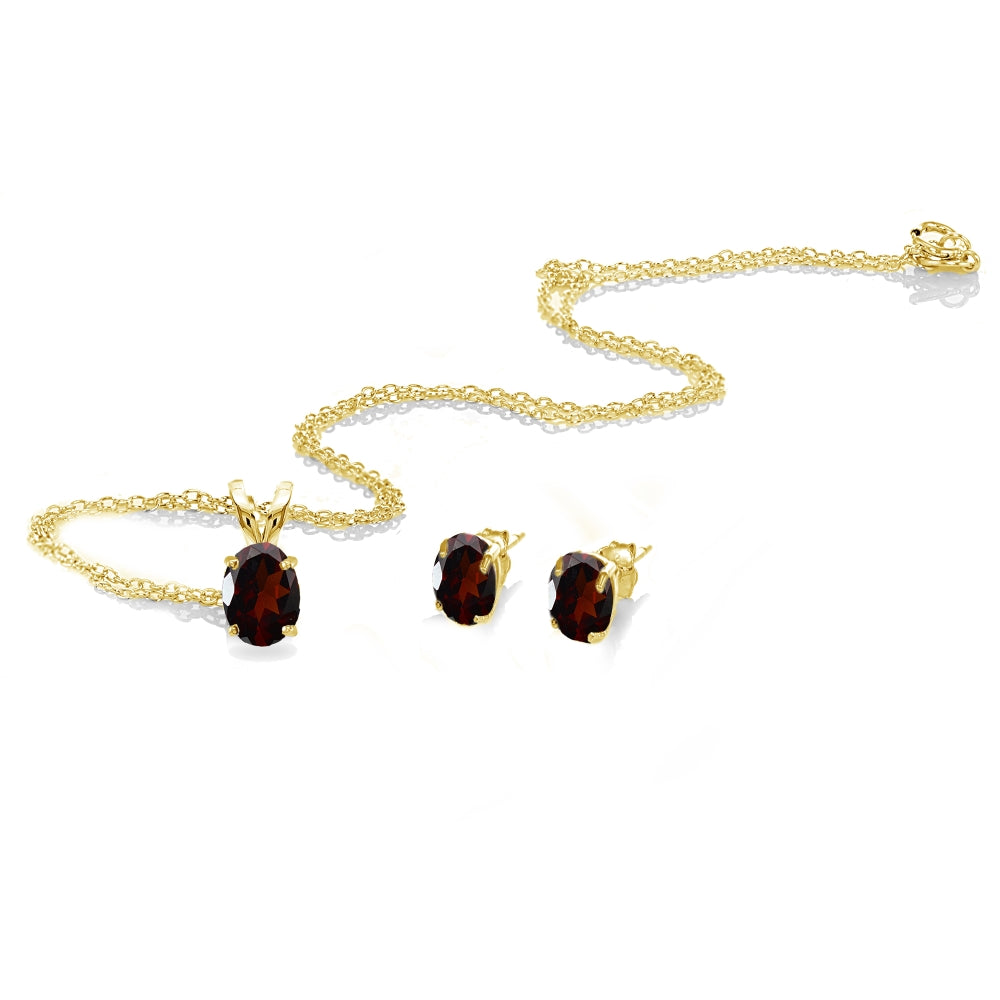 Yellow Gold Flashed Sterling Silver Garnet Oval-cut Solitaire Necklace and Stud Earrings Set-2