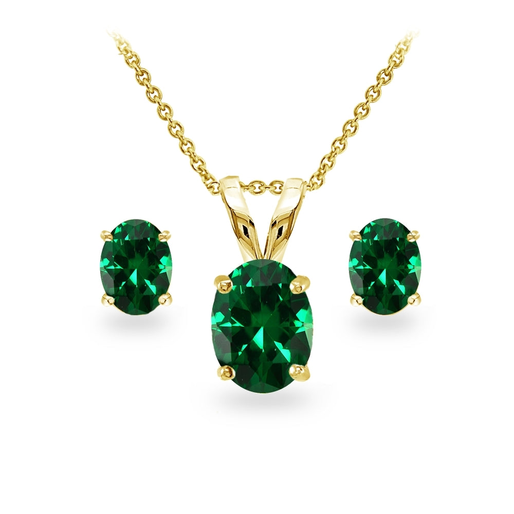 Yellow Gold Flashed Sterling Silver Created Emerald Oval-cut Solitaire Necklace and Stud Earrings Set