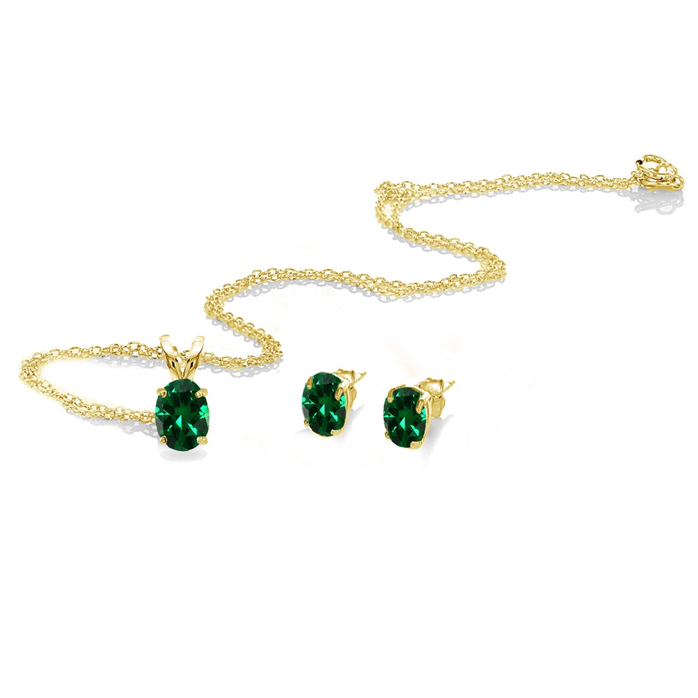 Yellow Gold Flashed Sterling Silver Created Emerald Oval-cut Solitaire Necklace and Stud Earrings Set-2
