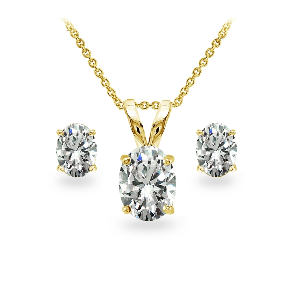 Yellow Gold Flashed Sterling Silver Cubic Zirconia Oval-cut Solitaire Necklace and Stud Earrings Set