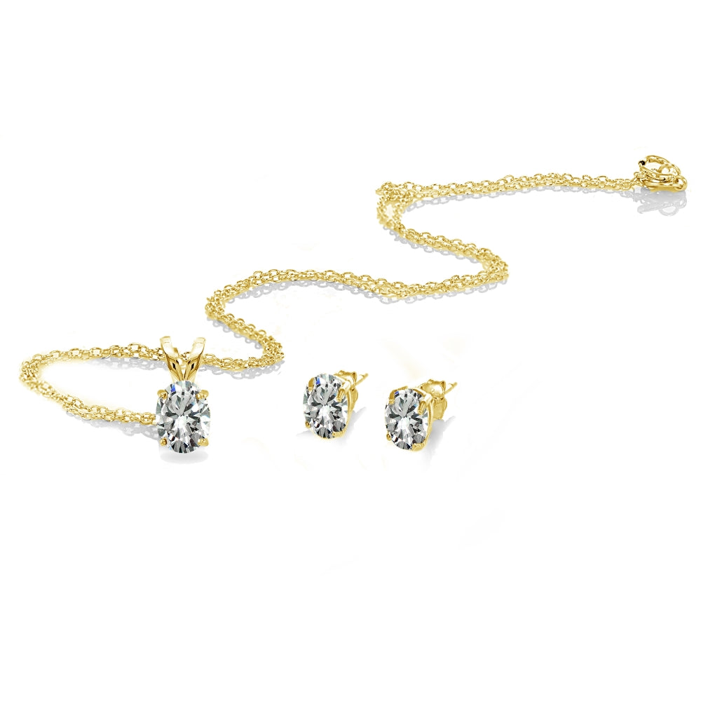 Yellow Gold Flashed Sterling Silver Cubic Zirconia Oval-cut Solitaire Necklace and Stud Earrings Set-2