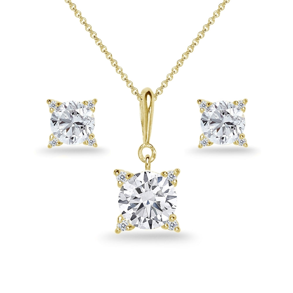 Yellow Gold Flashed Sterling Silver Cubic Zirconia Studded Solitaire Necklace & Stud Earrings Set